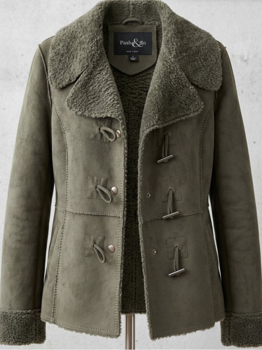 Pasha & Jo Olive Green Faux-Shearling Toggle Jacket
